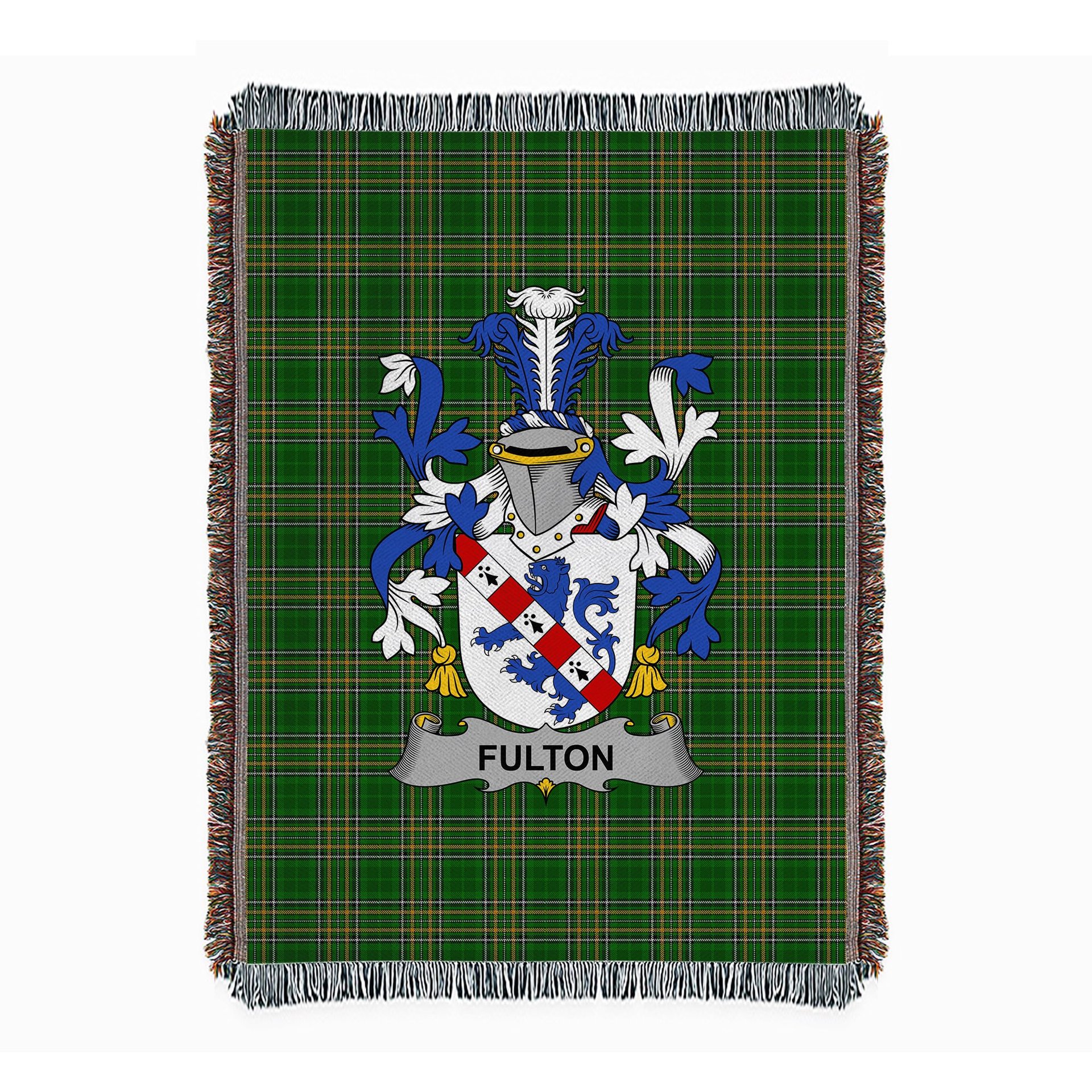 ScotsTee Shop Irish Fulton Clan Coat of Arms Irish Tartan Woven Blanket