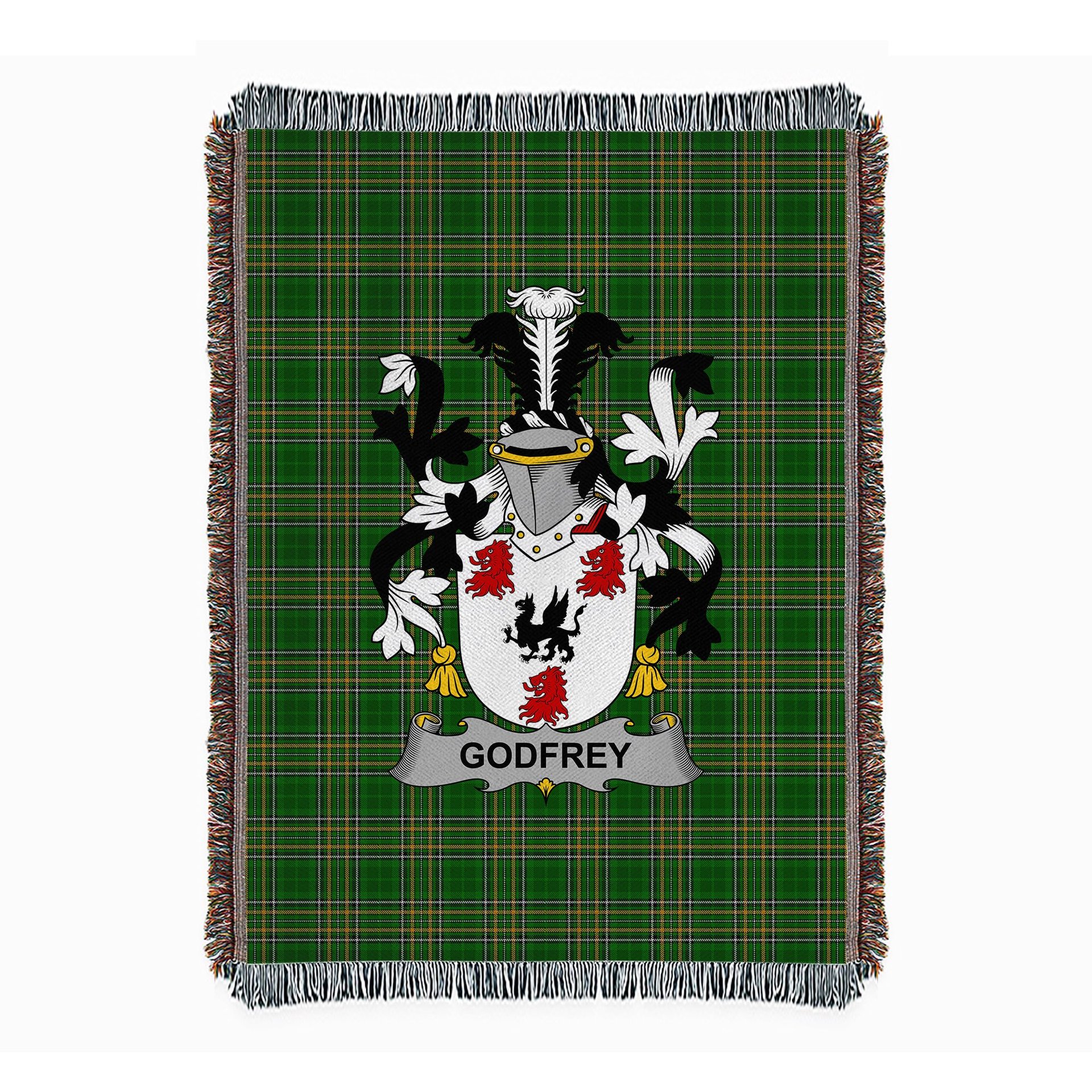 ScotsTee Shop Irish Godfrey (of Bushfield) Clan Coat of Arms Irish Tartan Woven Blanket