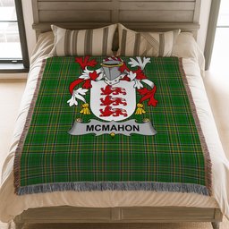 ScotsTee Shop Irish McMahon or McMahan Clan Coat of Arms Irish Tartan Woven Blanket