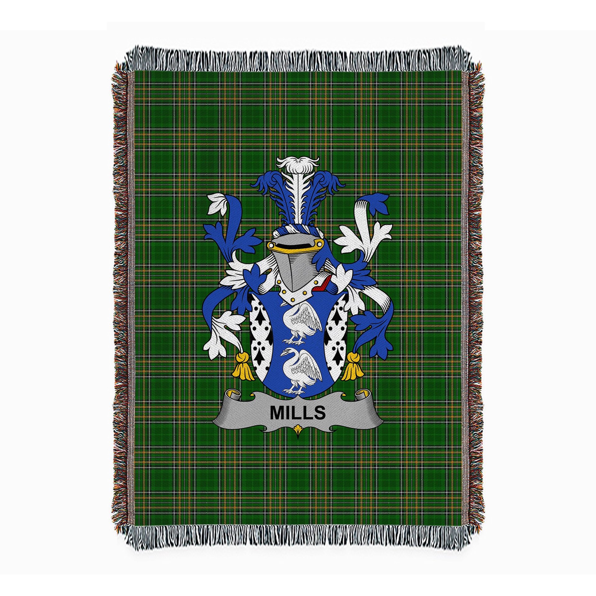 ScotsTee Shop Irish Mills Clan Coat of Arms Irish Tartan Woven Blanket