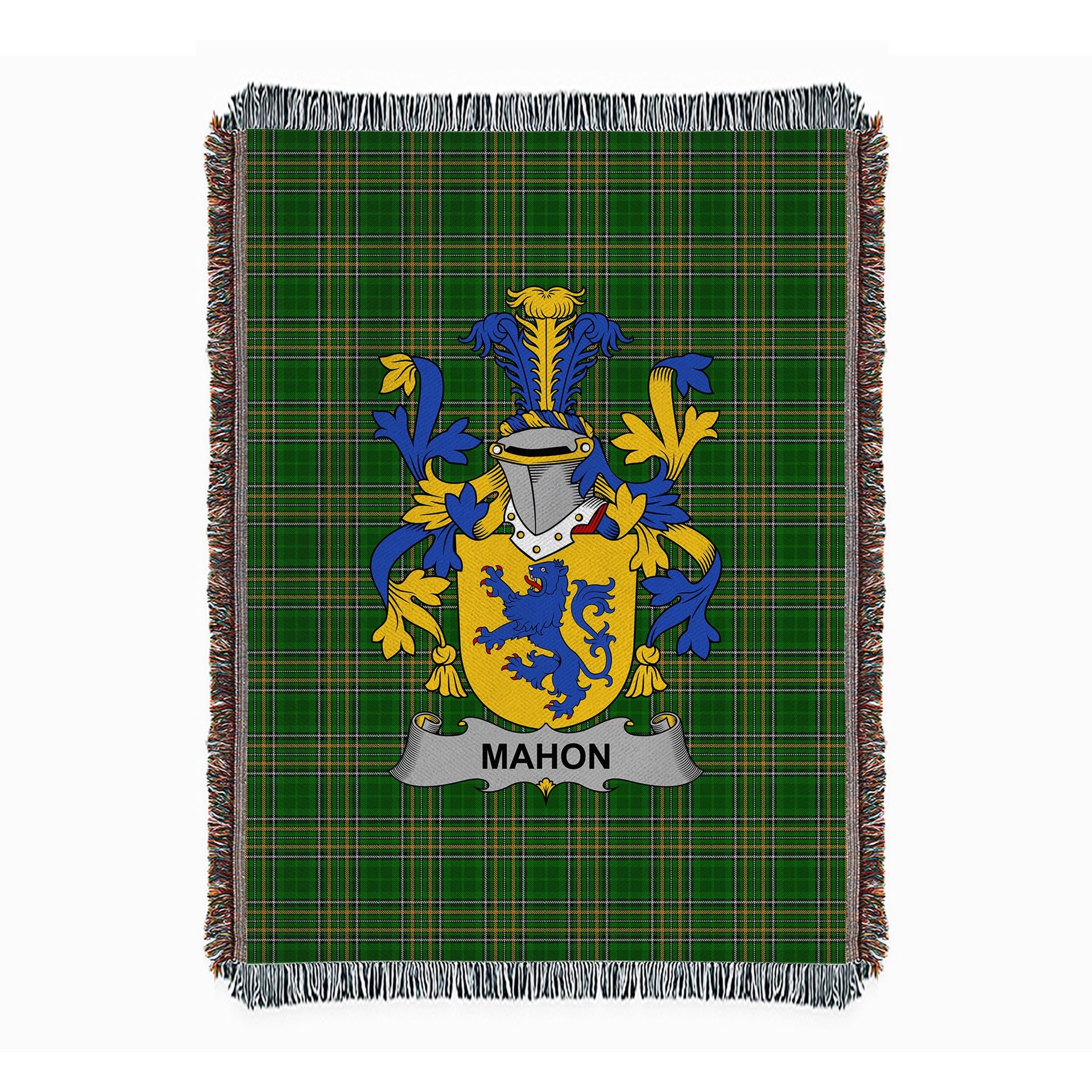 ScotsTee Shop Irish Mahon or O'Mahon Clan Coat of Arms Irish Tartan Woven Blanket
