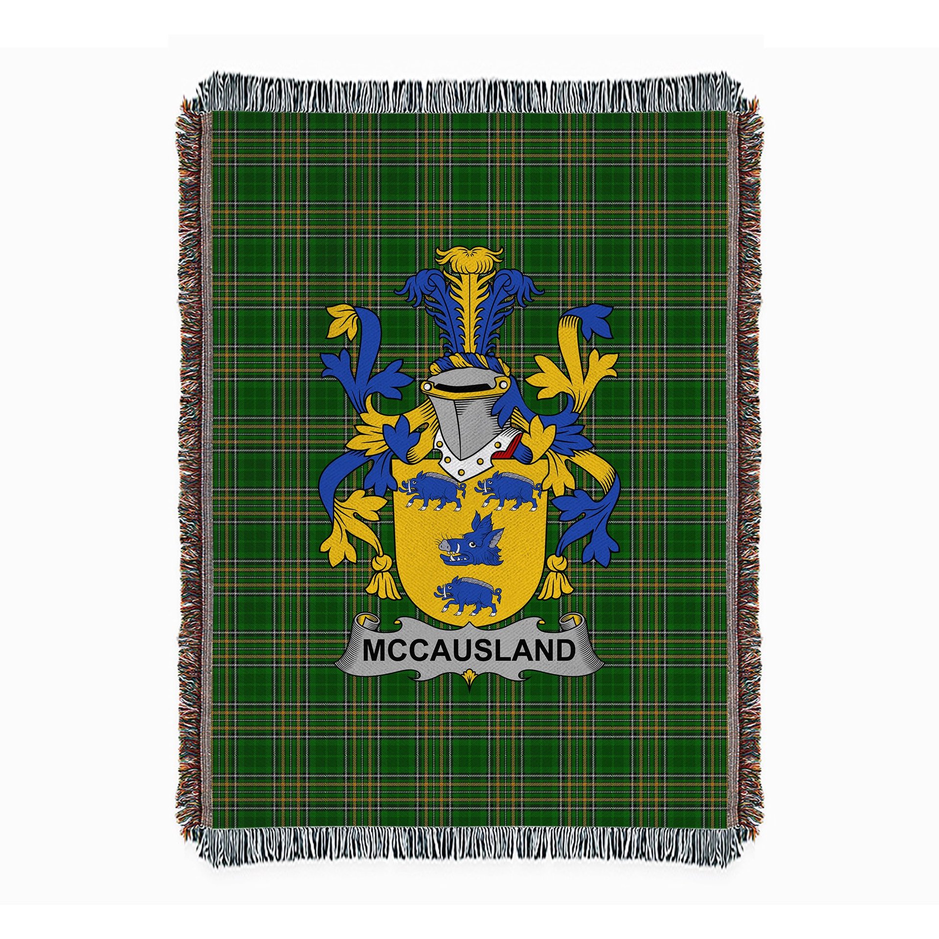 ScotsTee Shop Irish McCausland Clan Coat of Arms Irish Tartan Woven Blanket