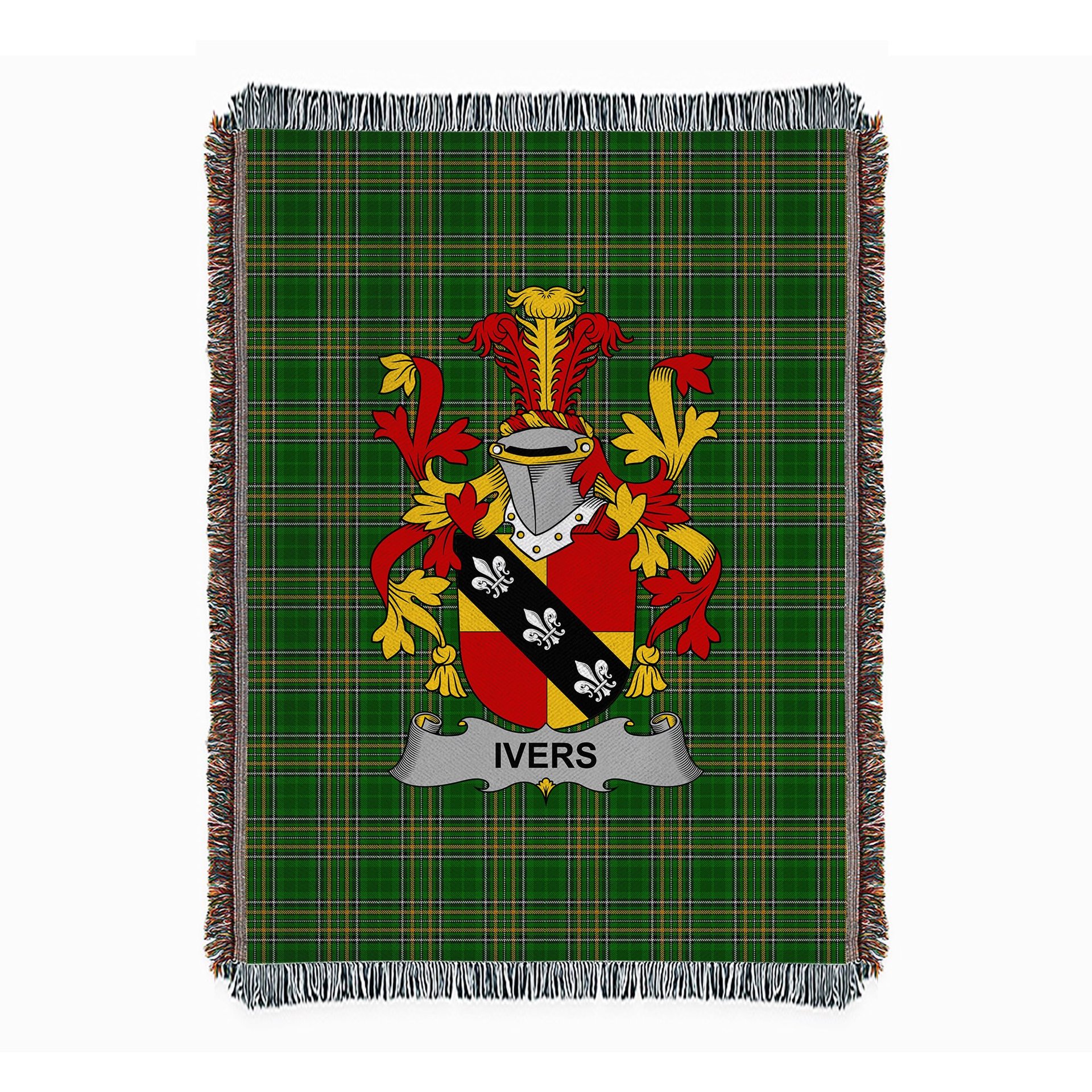 ScotsTee Shop Irish Ivers Clan Coat of Arms Irish Tartan Woven Blanket