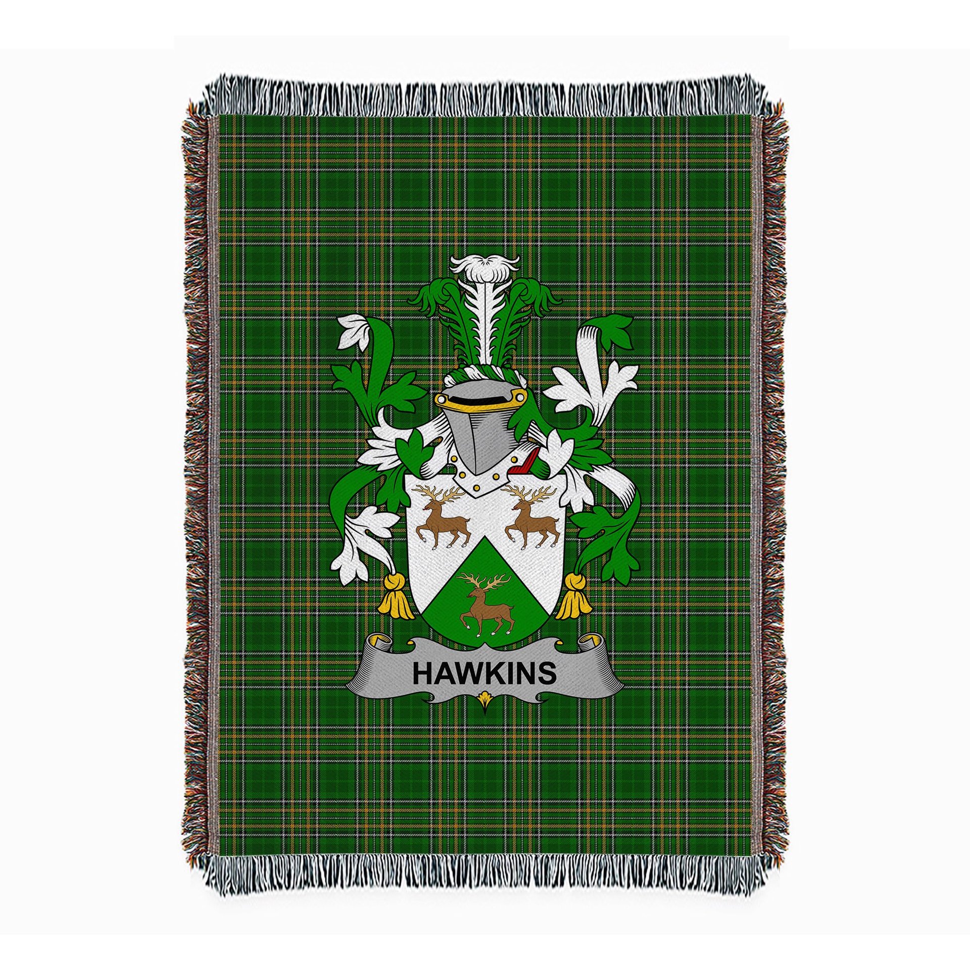 ScotsTee Shop Irish Hawkins or Haughan Clan Coat of Arms Irish Tartan Woven Blanket