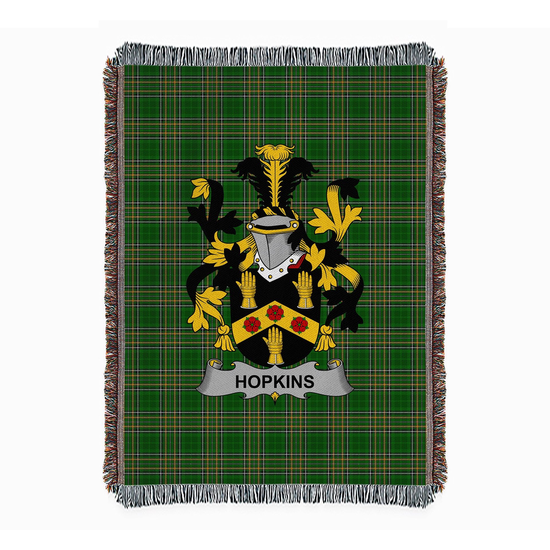 ScotsTee Shop Irish Hopkins Clan Coat of Arms Irish Tartan Woven Blanket