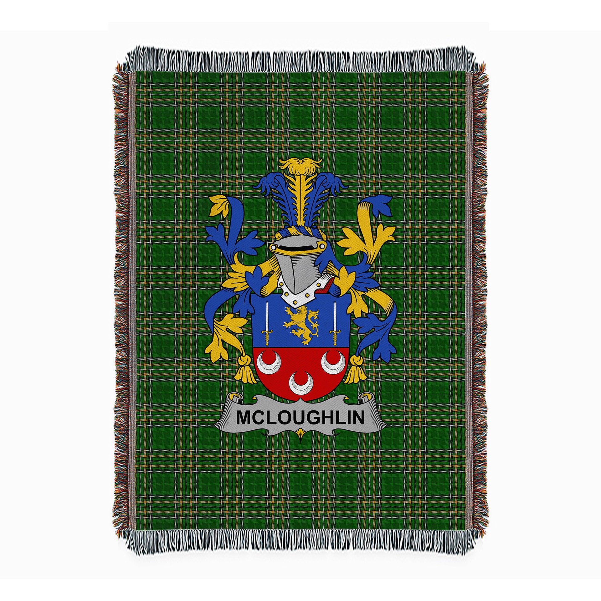 ScotsTee Shop Irish McLoughlin or Loughlin Clan Coat of Arms Irish Tartan Woven Blanket