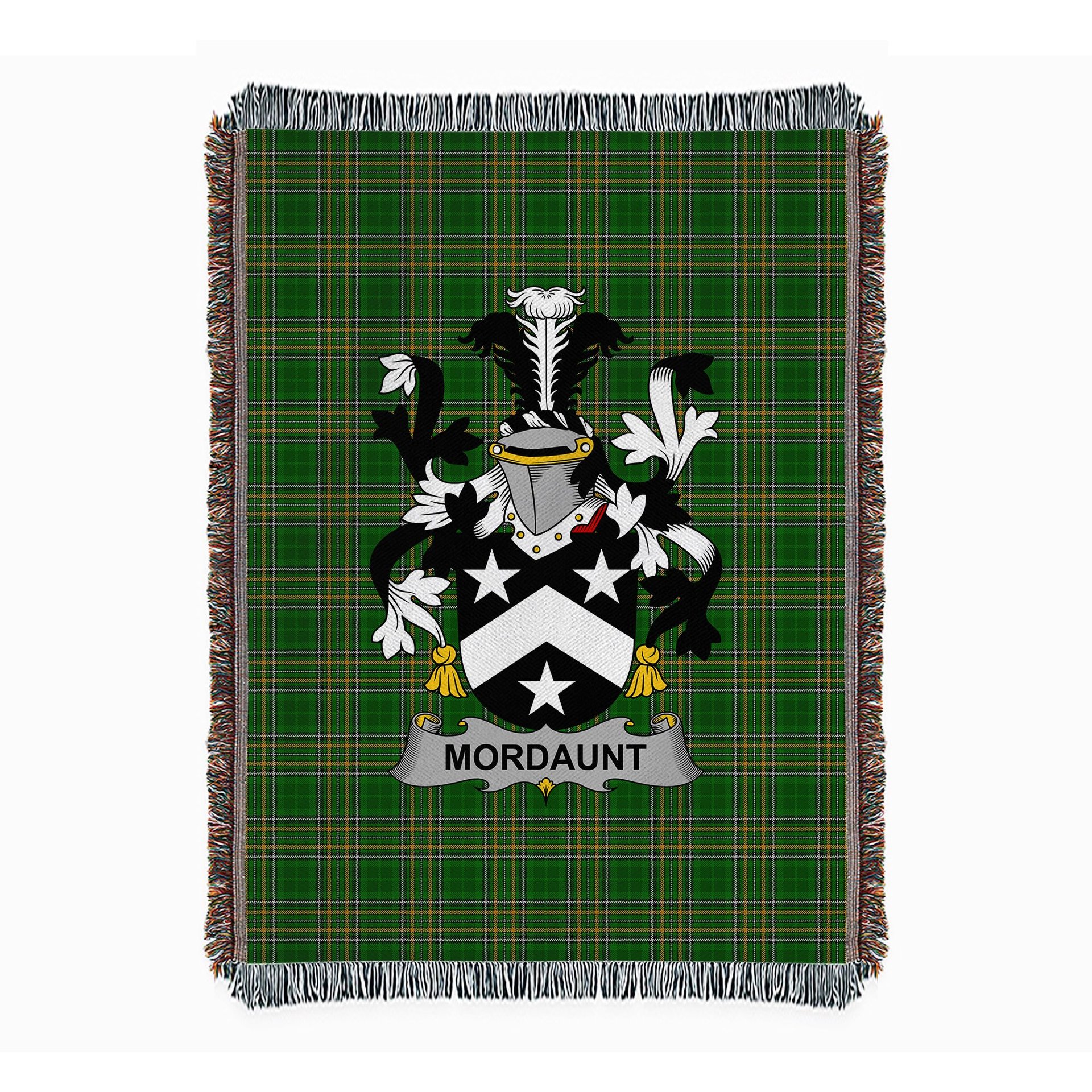 ScotsTee Shop Irish Mordaunt Clan Coat of Arms Irish Tartan Woven Blanket