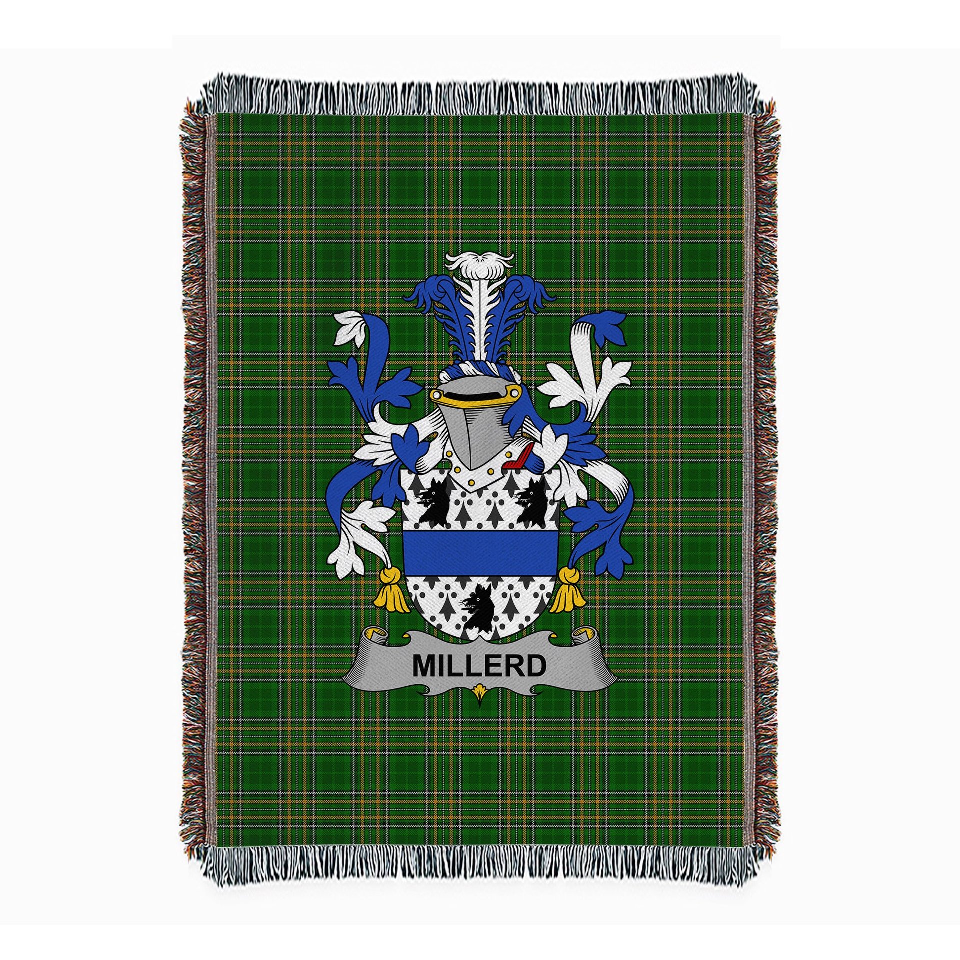 ScotsTee Shop Irish Millerd Clan Coat of Arms Irish Tartan Woven Blanket