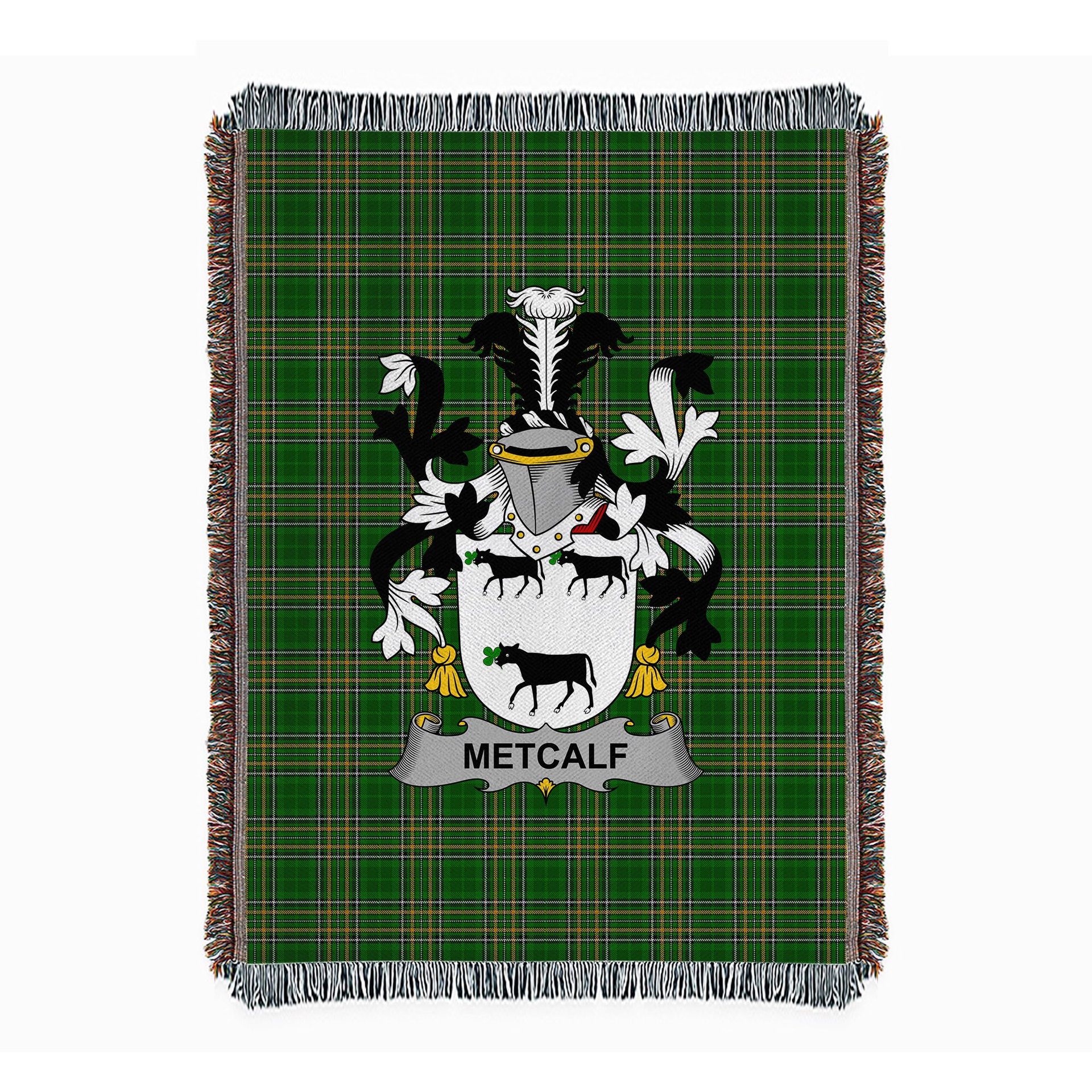 ScotsTee Shop Irish Metcalf or Metcalfe Clan Coat of Arms Irish Tartan Woven Blanket