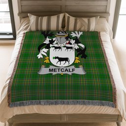ScotsTee Shop Irish Metcalf or Metcalfe Clan Coat of Arms Irish Tartan Woven Blanket