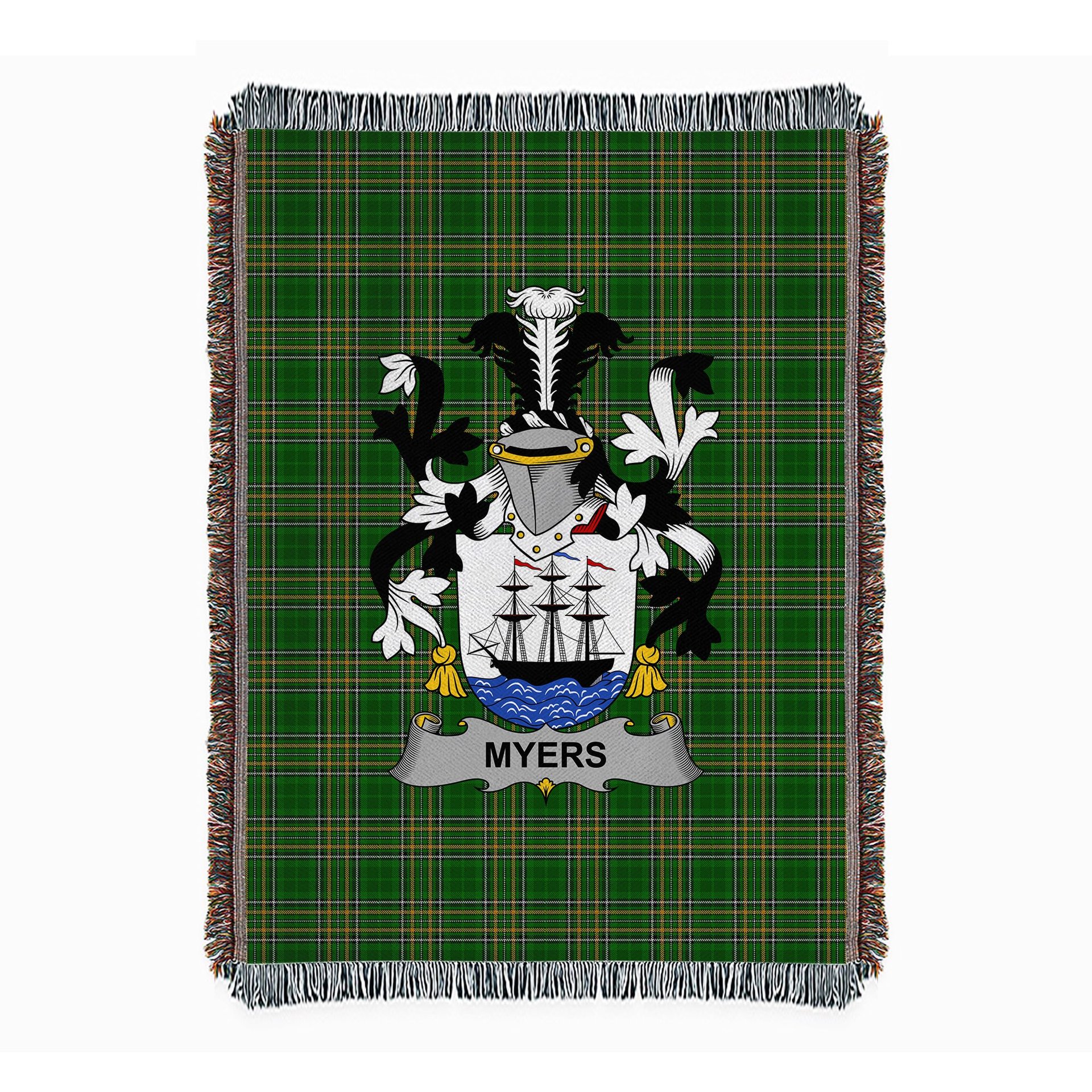 ScotsTee Shop Irish Myers Clan Coat of Arms Irish Tartan Woven Blanket
