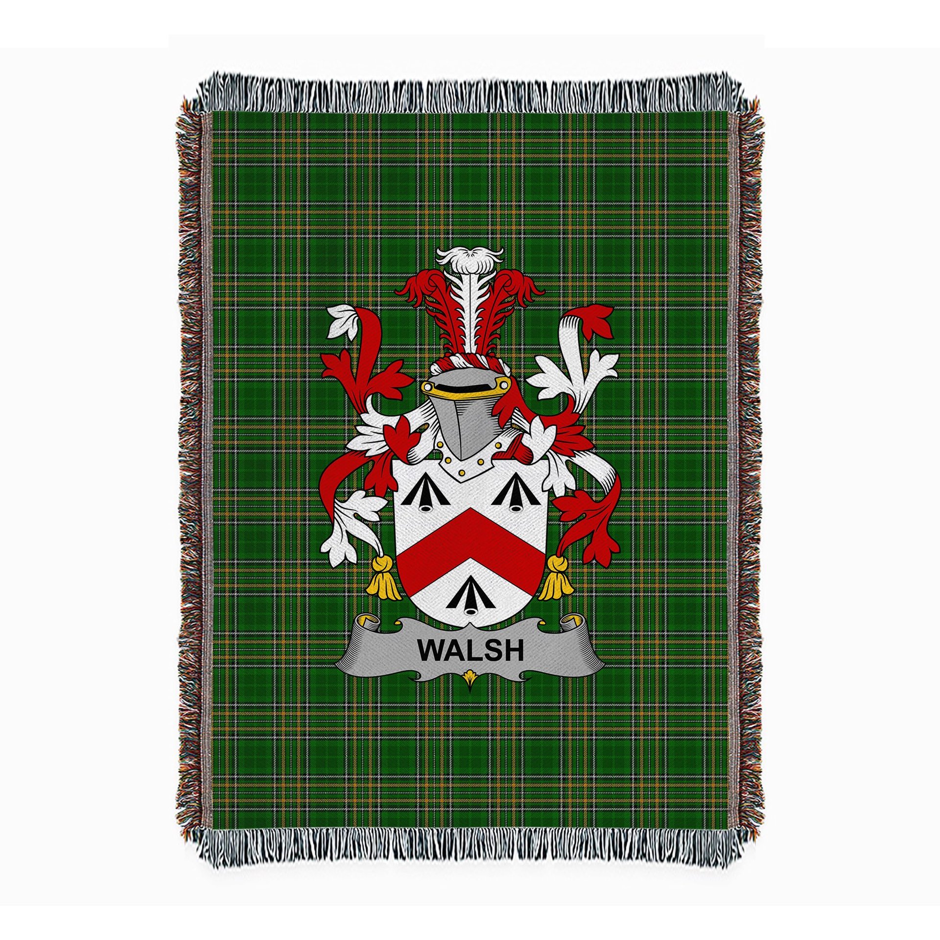 ScotsTee Shop Irish Walsh Clan Coat of Arms Irish Tartan Woven Blanket