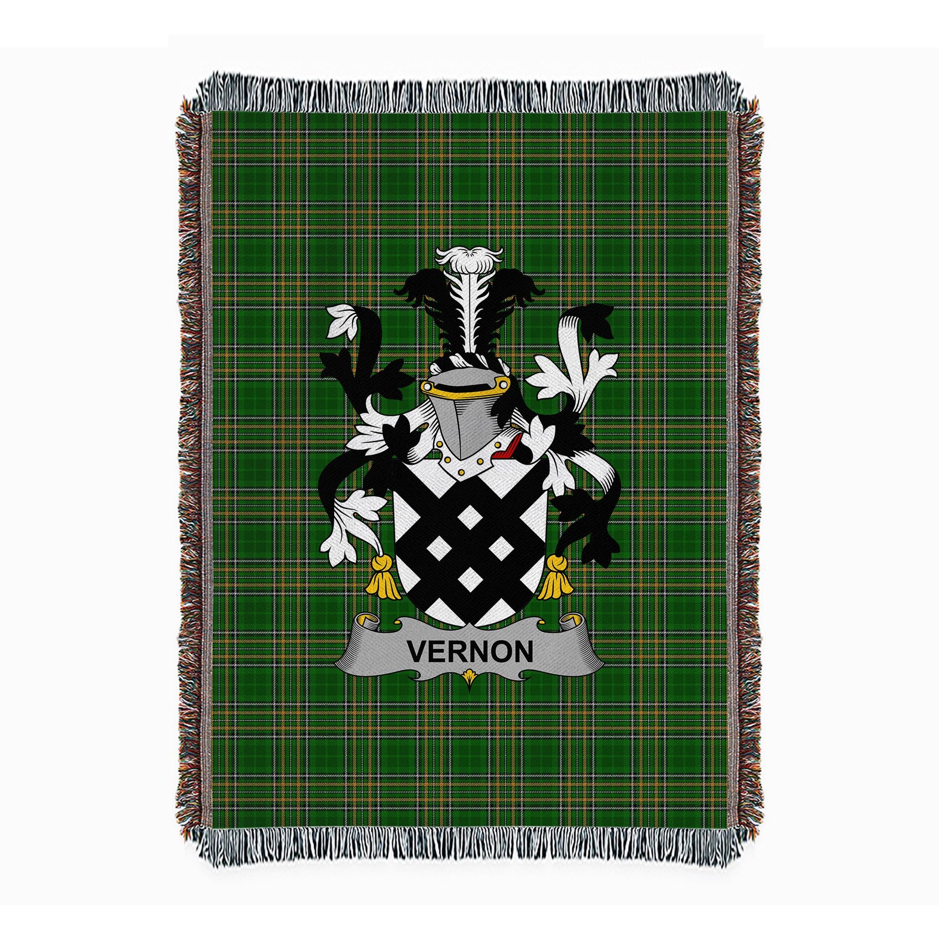 ScotsTee Shop Irish Vernon Clan Coat of Arms Irish Tartan Woven Blanket