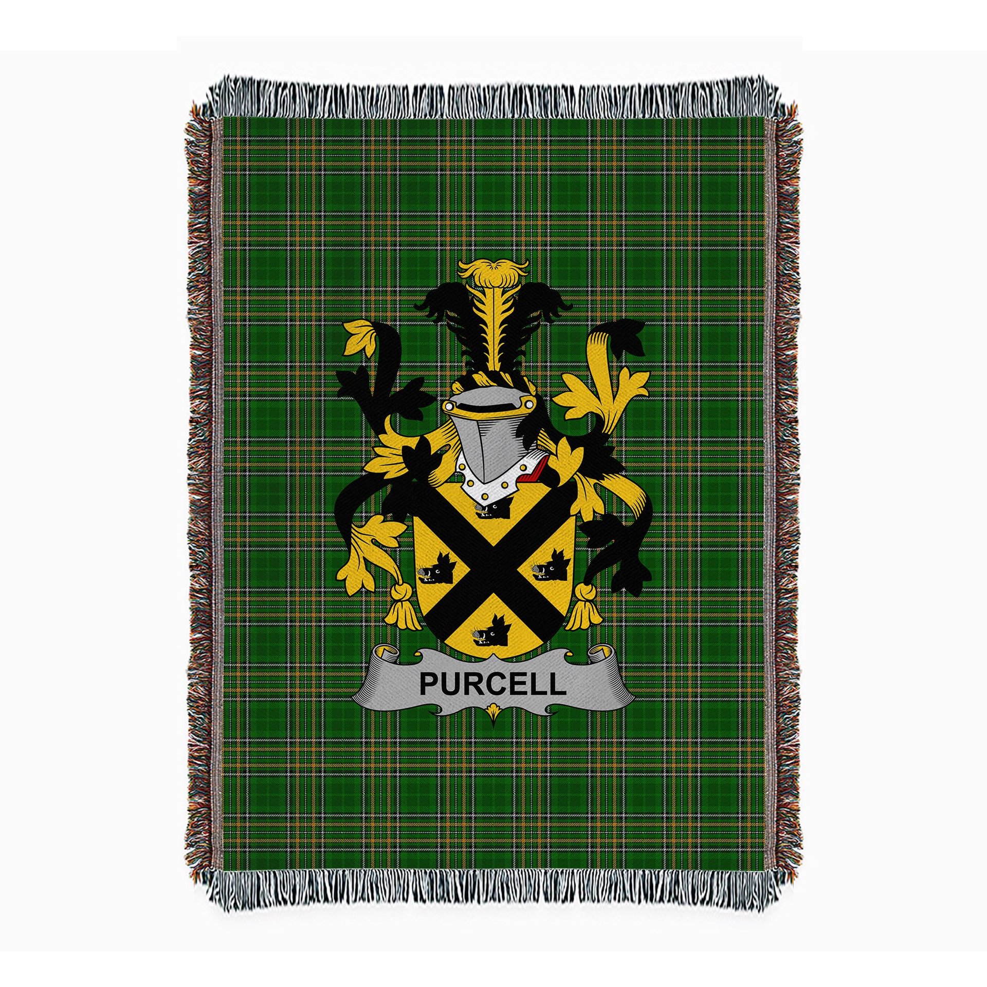 ScotsTee Shop Irish Purcell Clan Coat of Arms Irish Tartan Woven Blanket