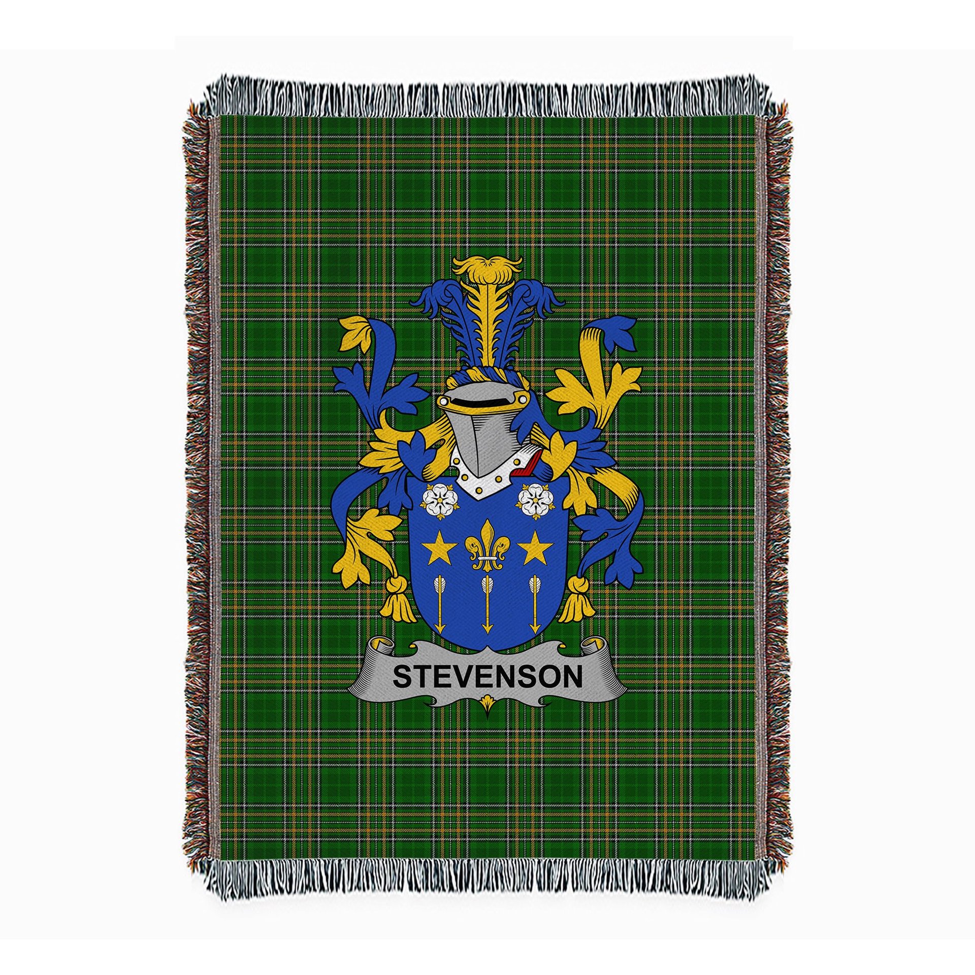 ScotsTee Shop Irish Stevenson Clan Coat of Arms Irish Tartan Woven Blanket