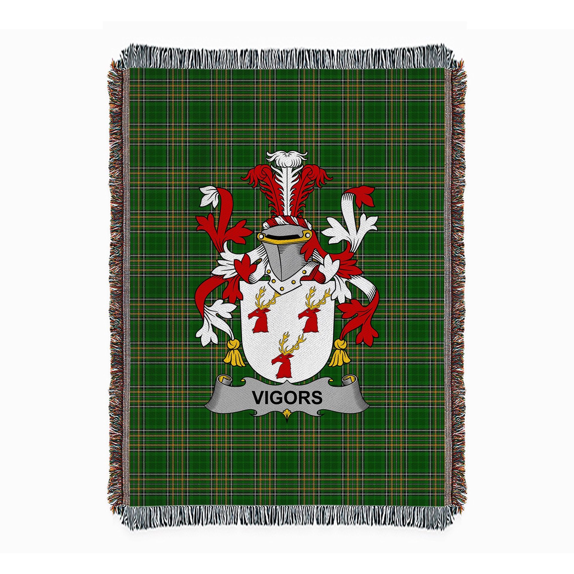 ScotsTee Shop Irish Vigors Clan Coat of Arms Irish Tartan Woven Blanket