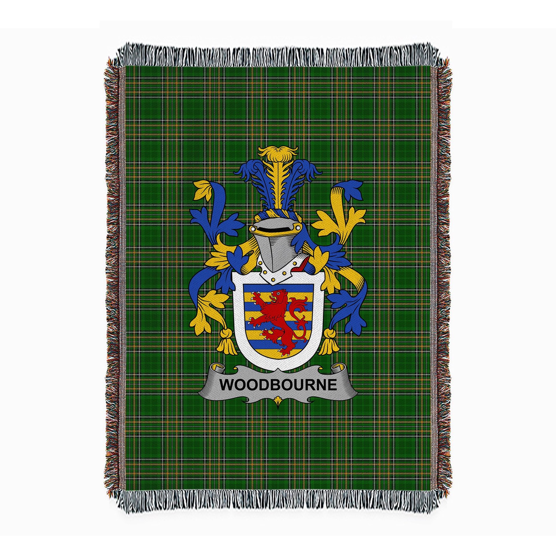 ScotsTee Shop Irish Woodbourne Clan Coat of Arms Irish Tartan Woven Blanket