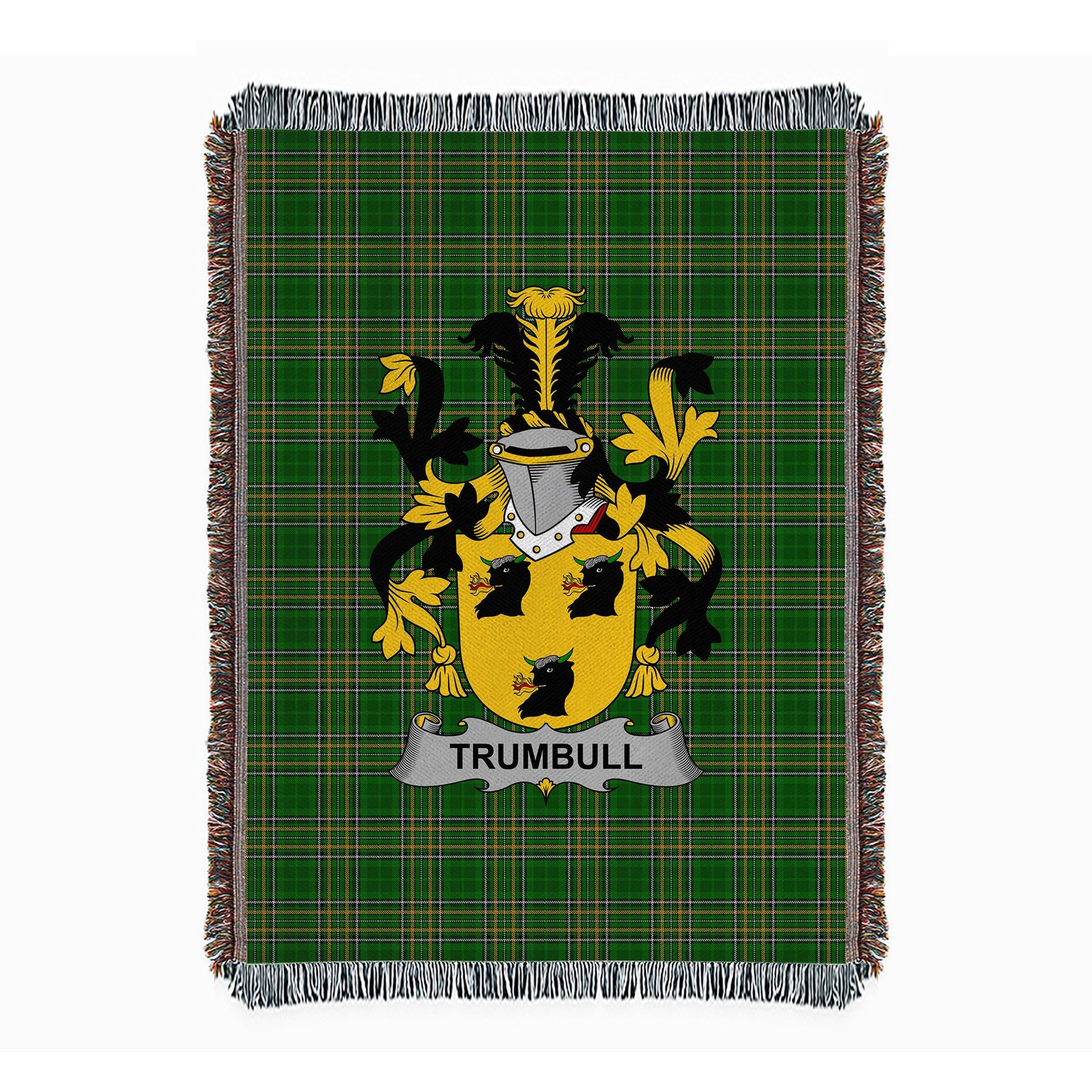 ScotsTee Shop Irish Trumbull or Turnbull Clan Coat of Arms Irish Tartan Woven Blanket