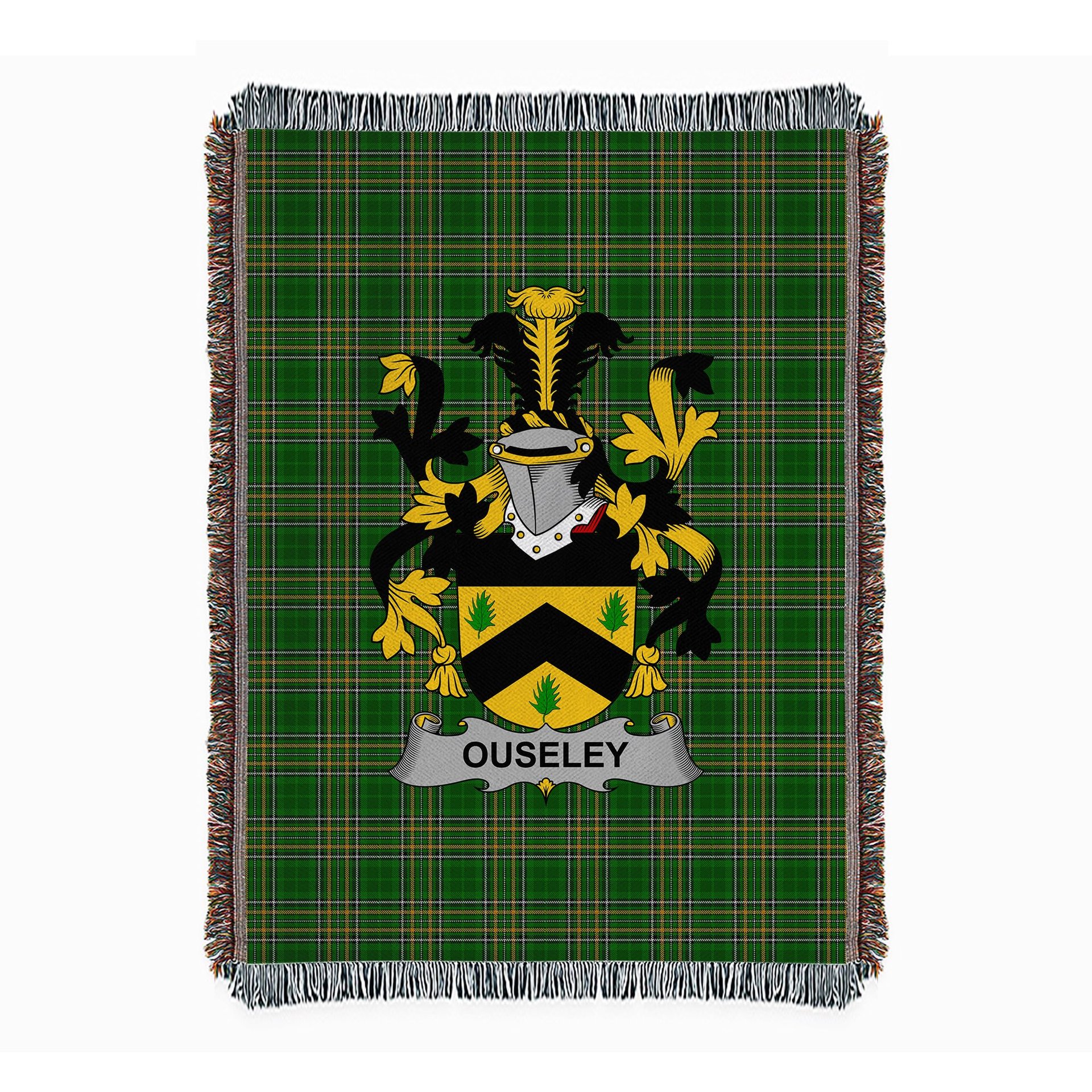 ScotsTee Shop Irish Ouseley Clan Coat of Arms Irish Tartan Woven Blanket