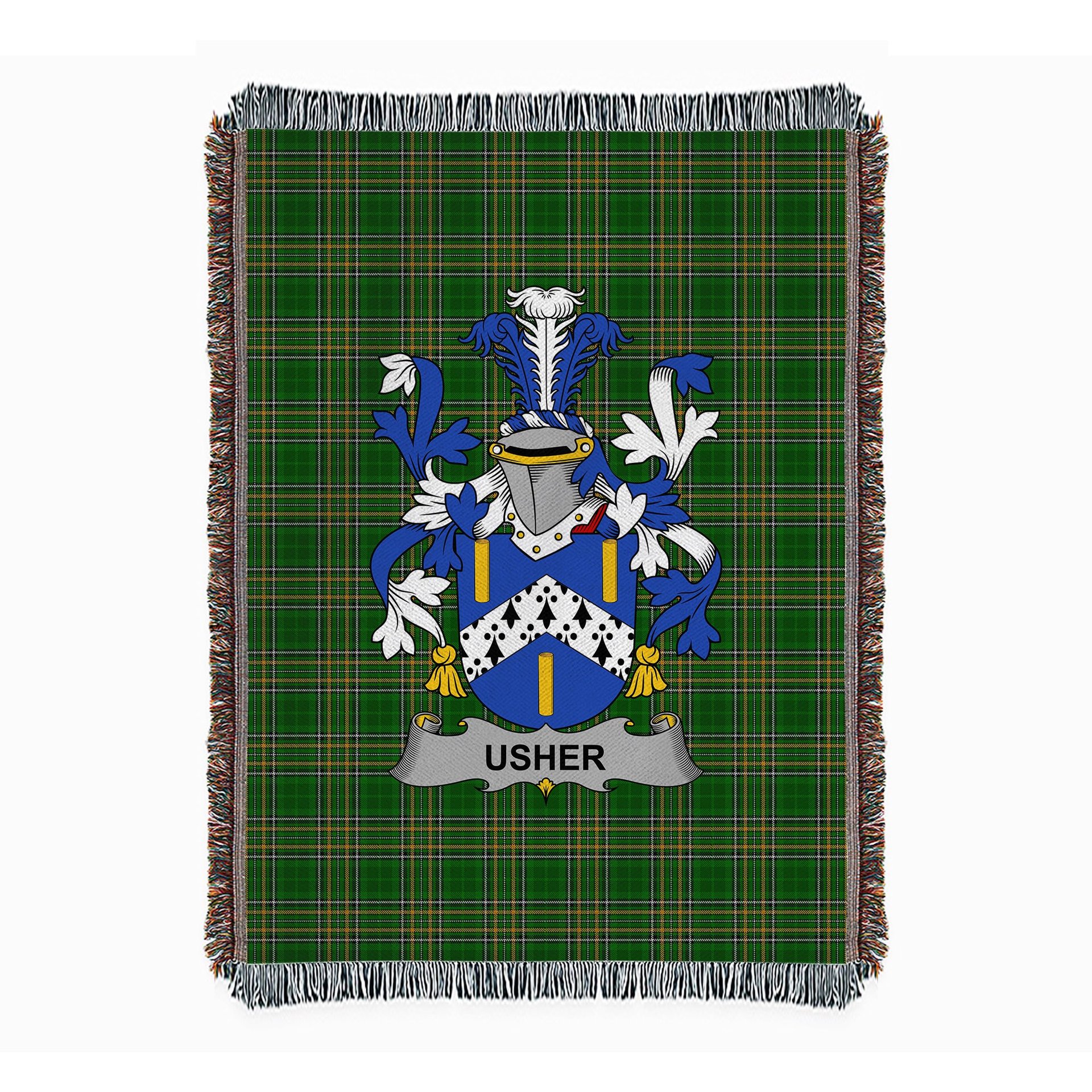 ScotsTee Shop Irish Usher Clan Coat of Arms Irish Tartan Woven Blanket