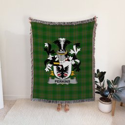 ScotsTee Shop Irish Perkins Clan Coat of Arms Irish Tartan Woven Blanket