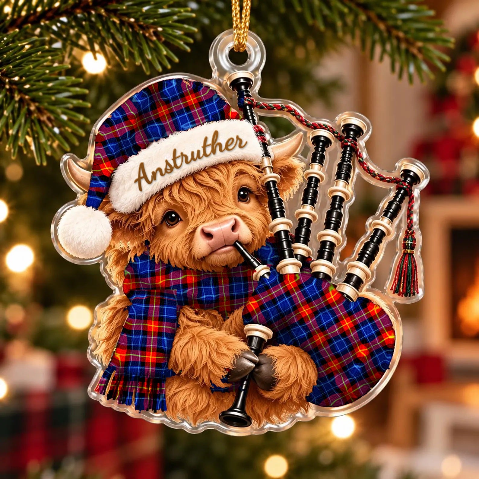 ScotsTee Shop Scottish Anstruther Tartan Highland Cow Bagpiper Christmas Ornament