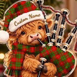 ScotsTee Shop Scottish Burnett Ancient Tartan Highland Cow Bagpiper Christmas Ornament