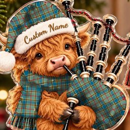 ScotsTee Shop Scottish Balfour Blue Tartan Highland Cow Bagpiper Christmas Ornament