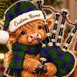 ScotsTee Shop Scottish Adam Tartan Highland Cow Bagpiper Christmas Ornament