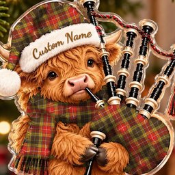 ScotsTee Shop Scottish Buchanan Old Set Weathered Tartan Highland Cow Bagpiper Christmas Ornament