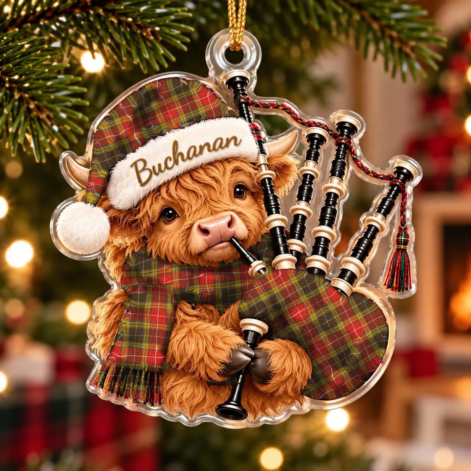 ScotsTee Shop Scottish Buchanan Old Set Weathered Tartan Highland Cow Bagpiper Christmas Ornament