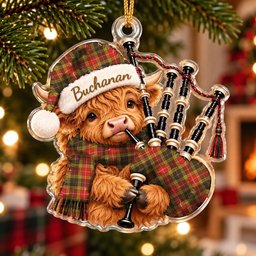 ScotsTee Shop Scottish Buchanan Old Set Weathered Tartan Highland Cow Bagpiper Christmas Ornament