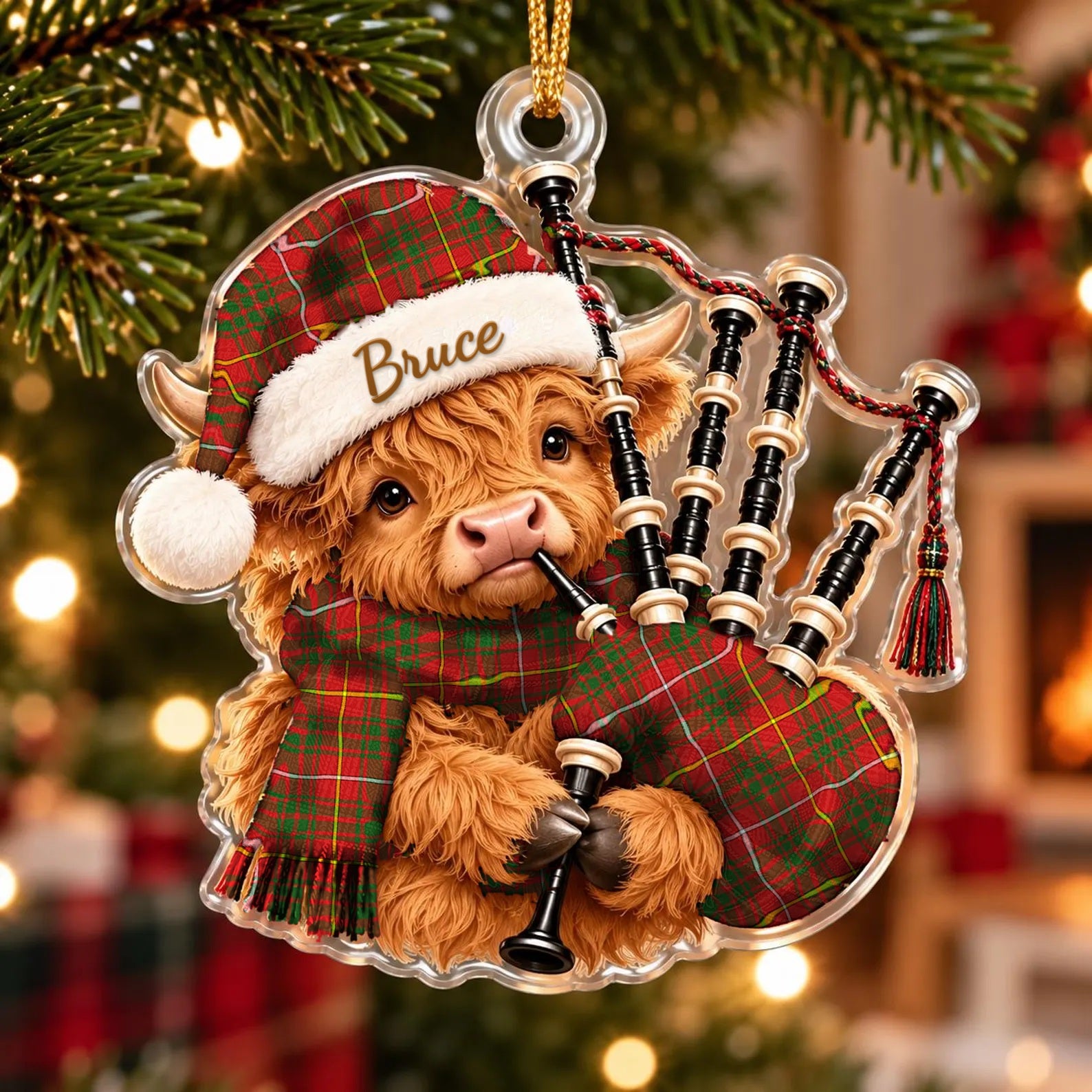 ScotsTee Shop Scottish Bruce Modern Tartan Highland Cow Bagpiper Christmas Ornament