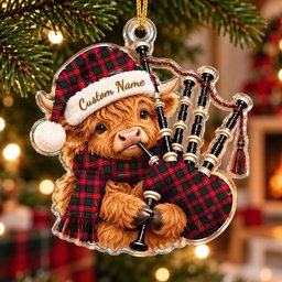 ScotsTee Shop Scottish Belshes Tartan Highland Cow Bagpiper Christmas Ornament