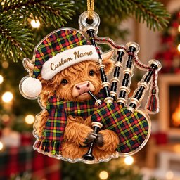 ScotsTee Shop Scottish Buchanan Modern Tartan Highland Cow Bagpiper Christmas Ornament
