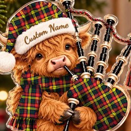 ScotsTee Shop Scottish Buchanan Modern Tartan Highland Cow Bagpiper Christmas Ornament
