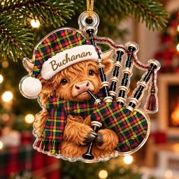 ScotsTee Shop Scottish Buchanan Modern Tartan Highland Cow Bagpiper Christmas Ornament