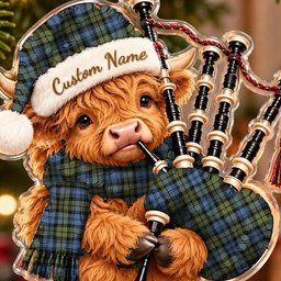 ScotsTee Shop Scottish Campbell Faded Tartan Highland Cow Bagpiper Christmas Ornament