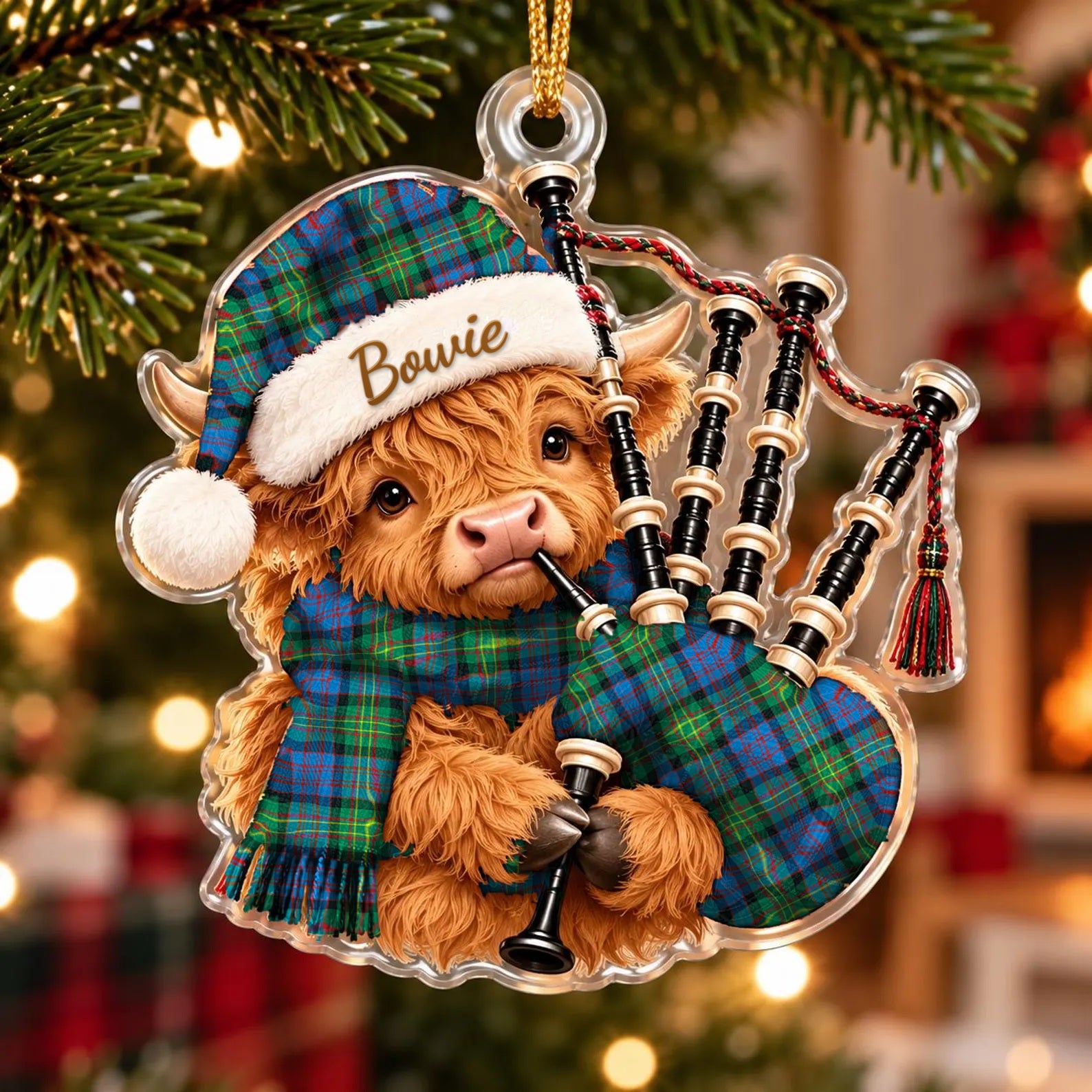 ScotsTee Shop Scottish Bowie Ancient Tartan Highland Cow Bagpiper Christmas Ornament