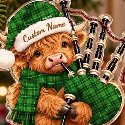 ScotsTee Shop Scottish Blane 1 Tartan Highland Cow Bagpiper Christmas Ornament