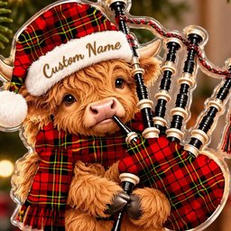 ScotsTee Shop Scottish Brodie Modern Tartan Highland Cow Bagpiper Christmas Ornament