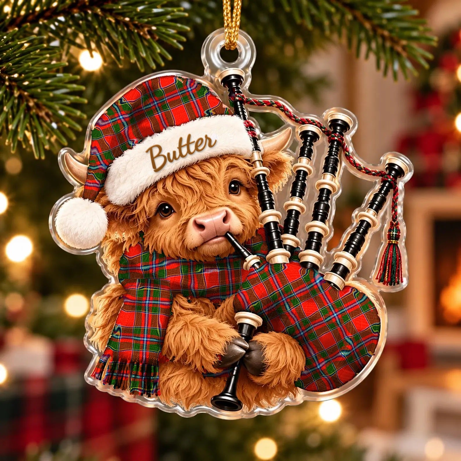 ScotsTee Shop Scottish Butter Tartan Highland Cow Bagpiper Christmas Ornament