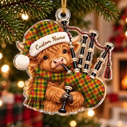 ScotsTee Shop Scottish Baxter Tartan Highland Cow Bagpiper Christmas Ornament