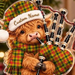 ScotsTee Shop Scottish Baxter Tartan Highland Cow Bagpiper Christmas Ornament