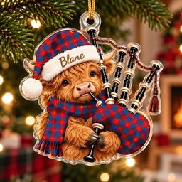 ScotsTee Shop Scottish Blane 2 Tartan Highland Cow Bagpiper Christmas Ornament