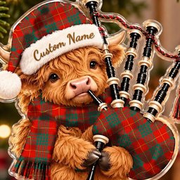 ScotsTee Shop Scottish Cameron Ancient Tartan Highland Cow Bagpiper Christmas Ornament