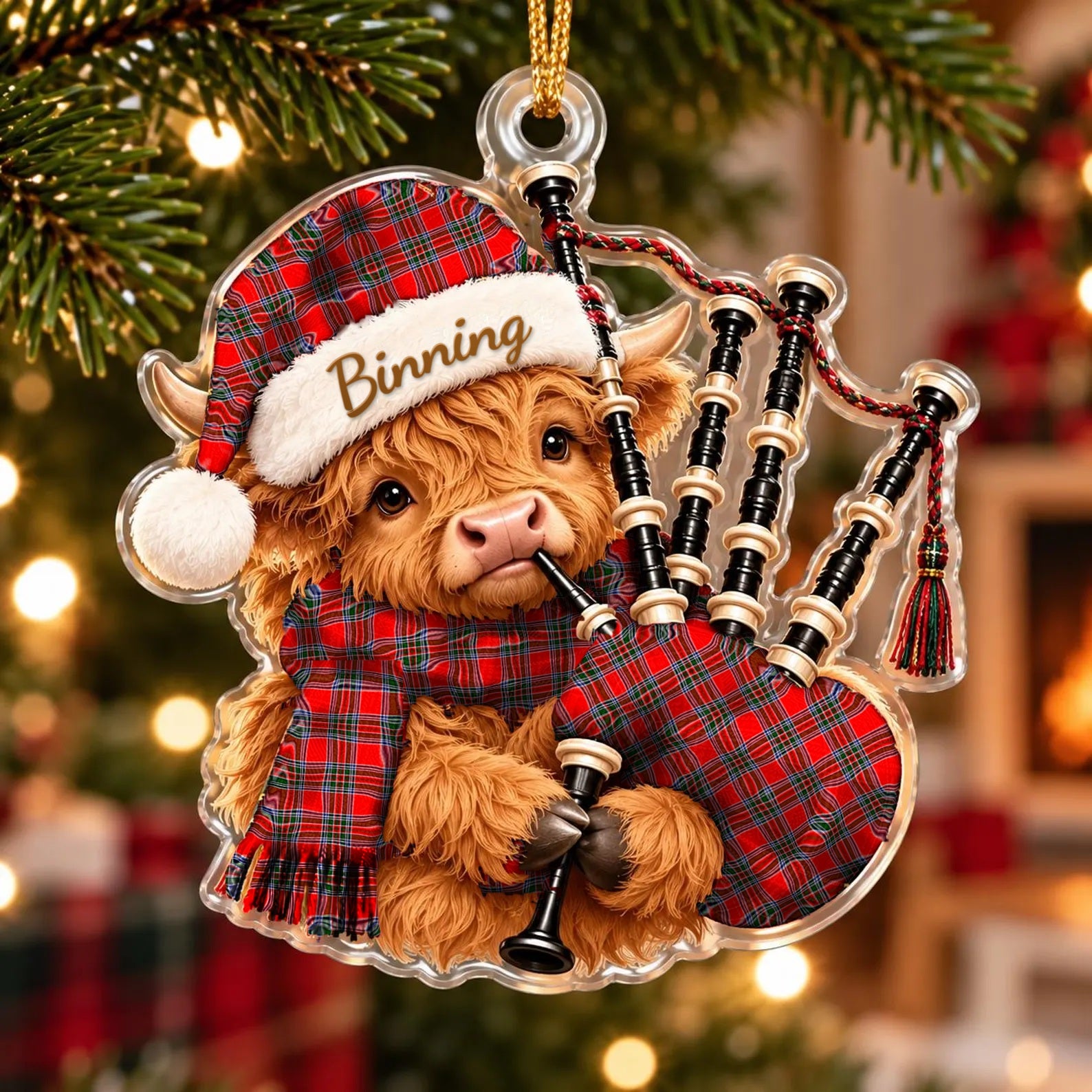 ScotsTee Shop Scottish Binning Tartan Highland Cow Bagpiper Christmas Ornament