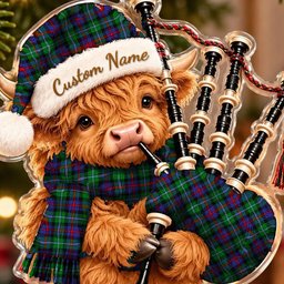 ScotsTee Shop Scottish Calder Tartan Highland Cow Bagpiper Christmas Ornament