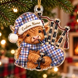 ScotsTee Shop Scottish Boswell Modern Tartan Highland Cow Bagpiper Christmas Ornament