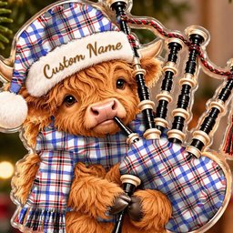 ScotsTee Shop Scottish Boswell Modern Tartan Highland Cow Bagpiper Christmas Ornament